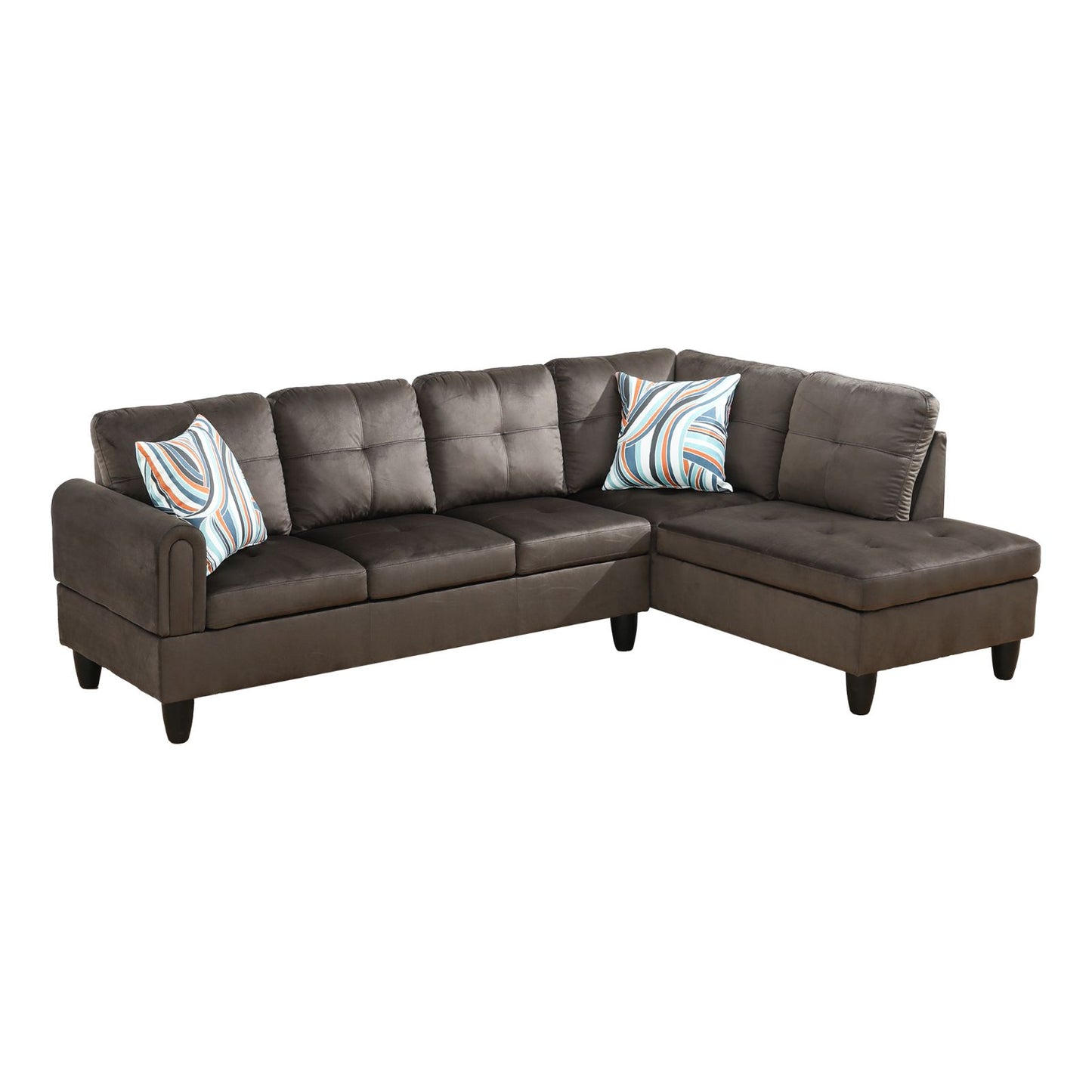 Dark brown tufted velvet sectional sofa with striped accent pillows