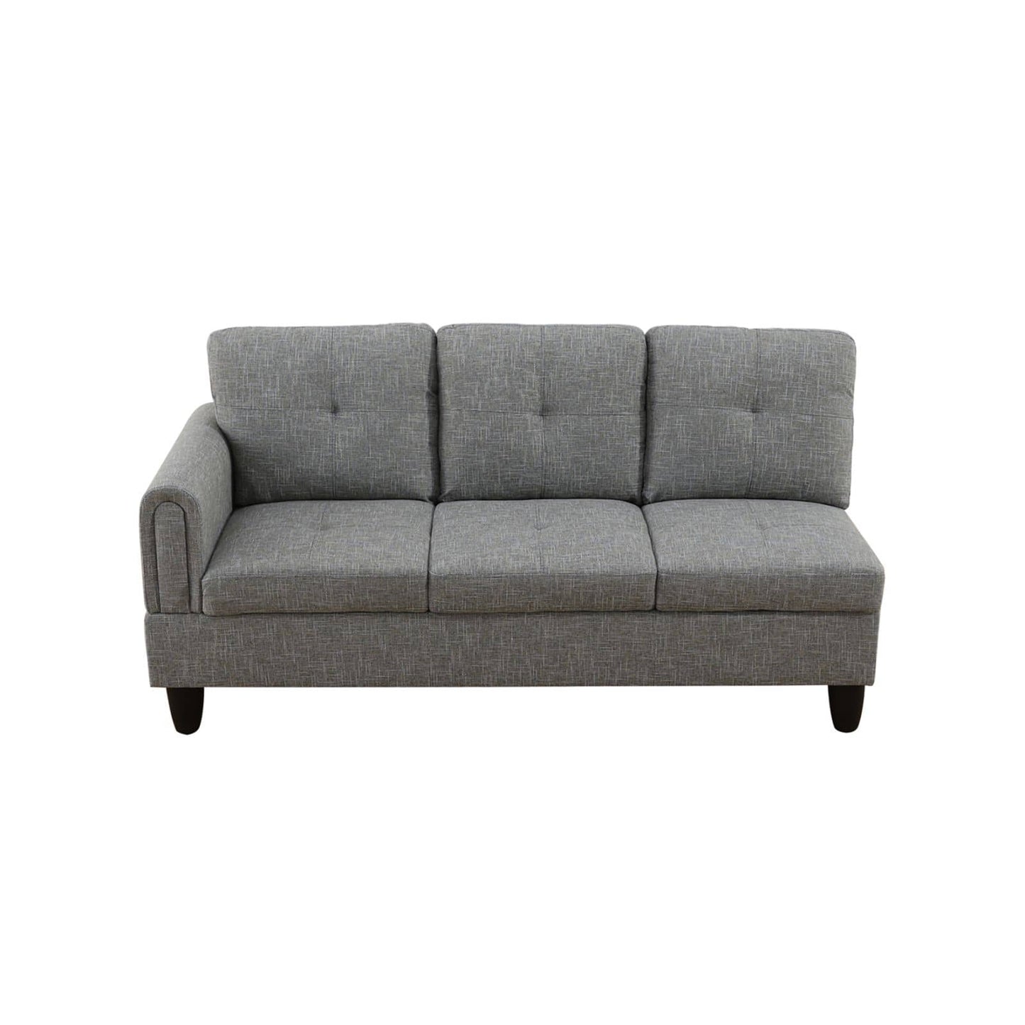 Gray fabric sectional sofa with tufted back cushions and a chaise on the left