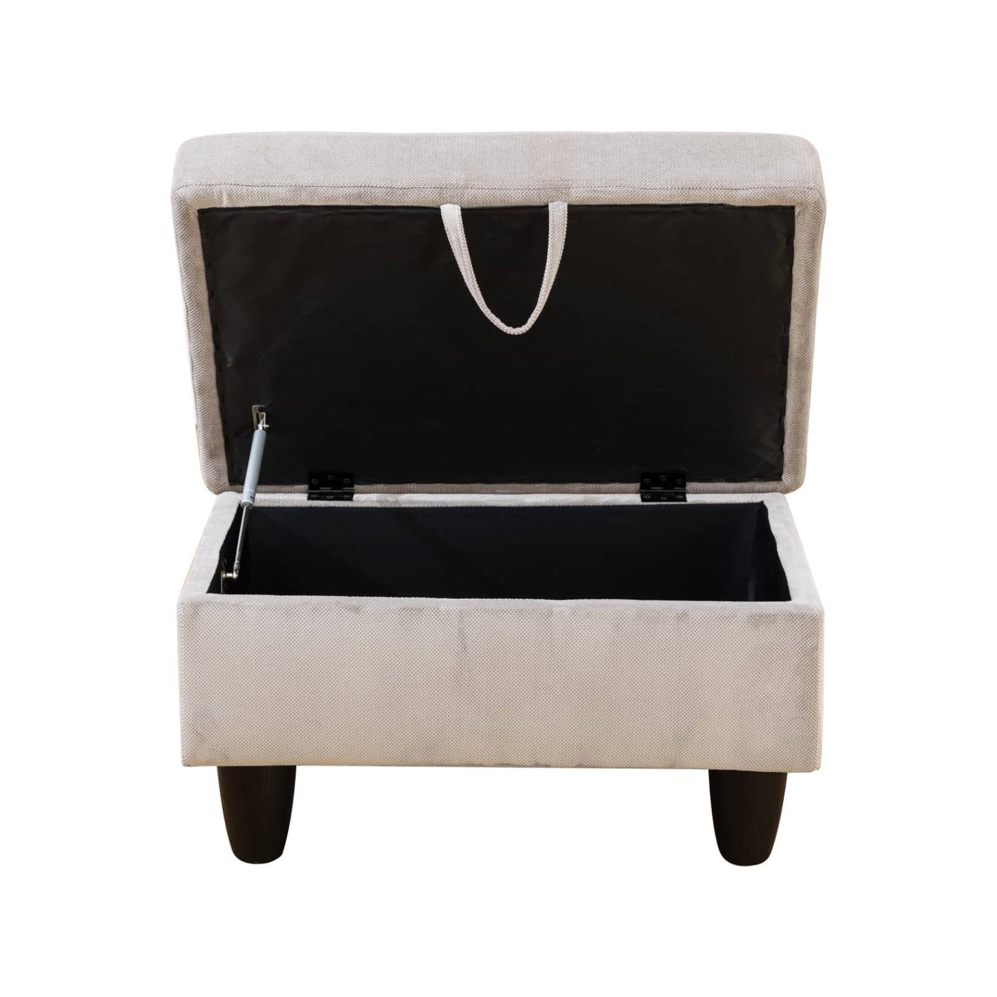 Beige fabric storage ottoman with lid open and black interior