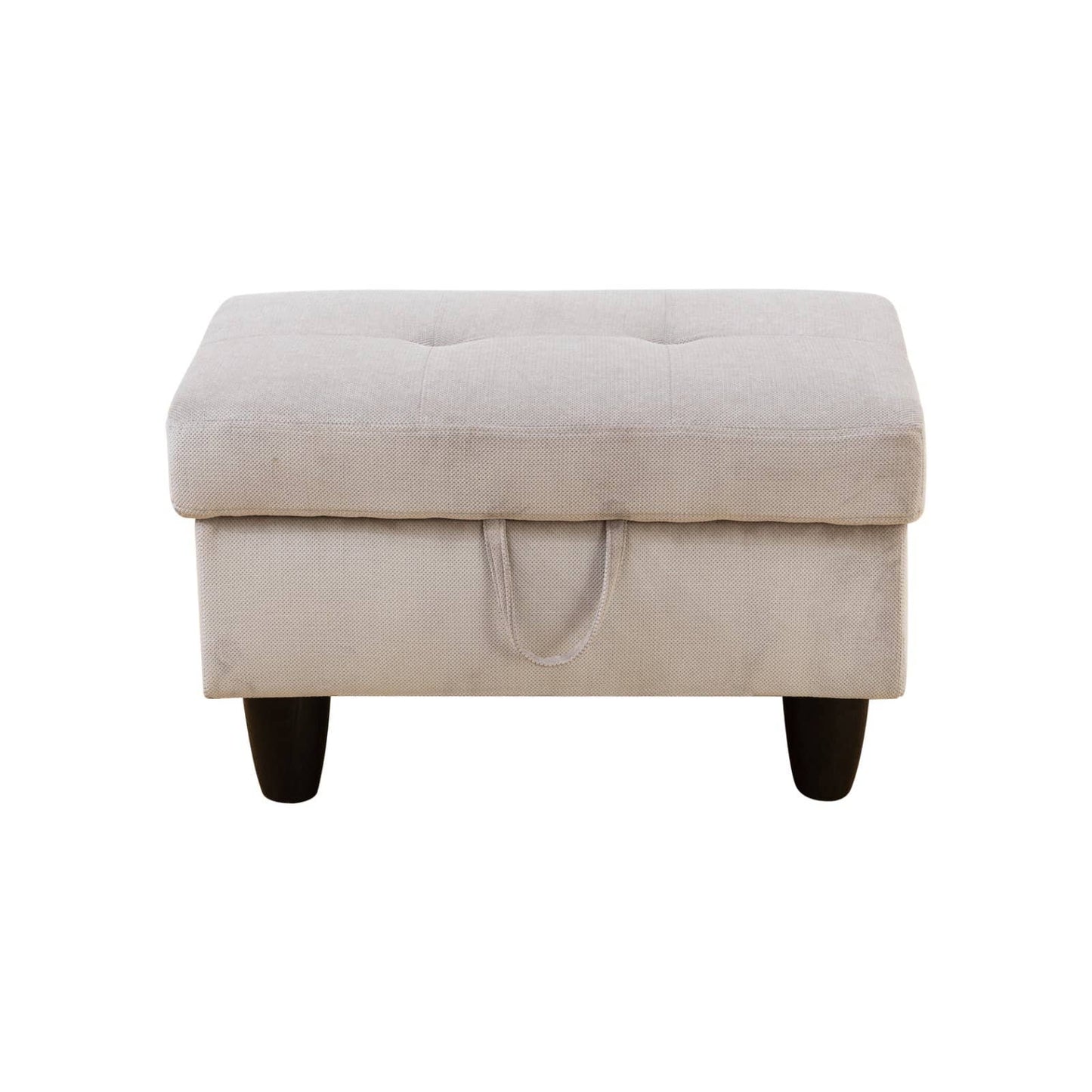 Tufted cream fabric storage ottoman with dark tapered legs and pullup handle