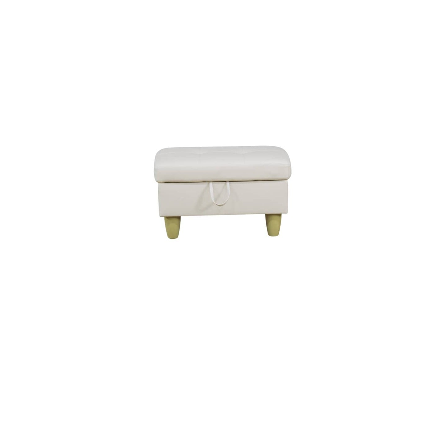 Cream tufted storage ottoman with pull tab and tapered wooden legs