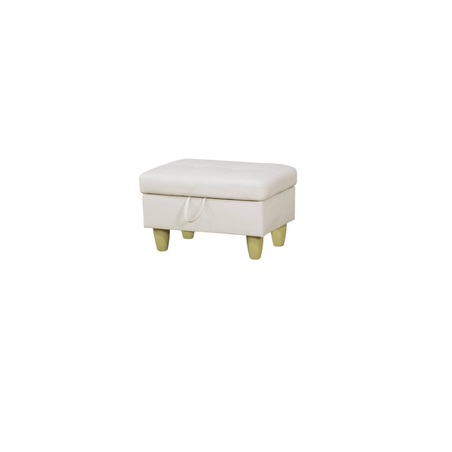 White tufted storage ottoman with short tapered wooden legs