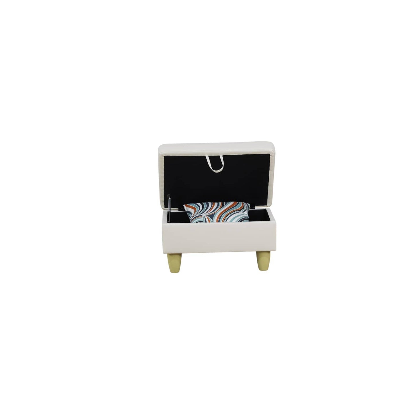 White storage ottoman with open lid revealing colorful pillow