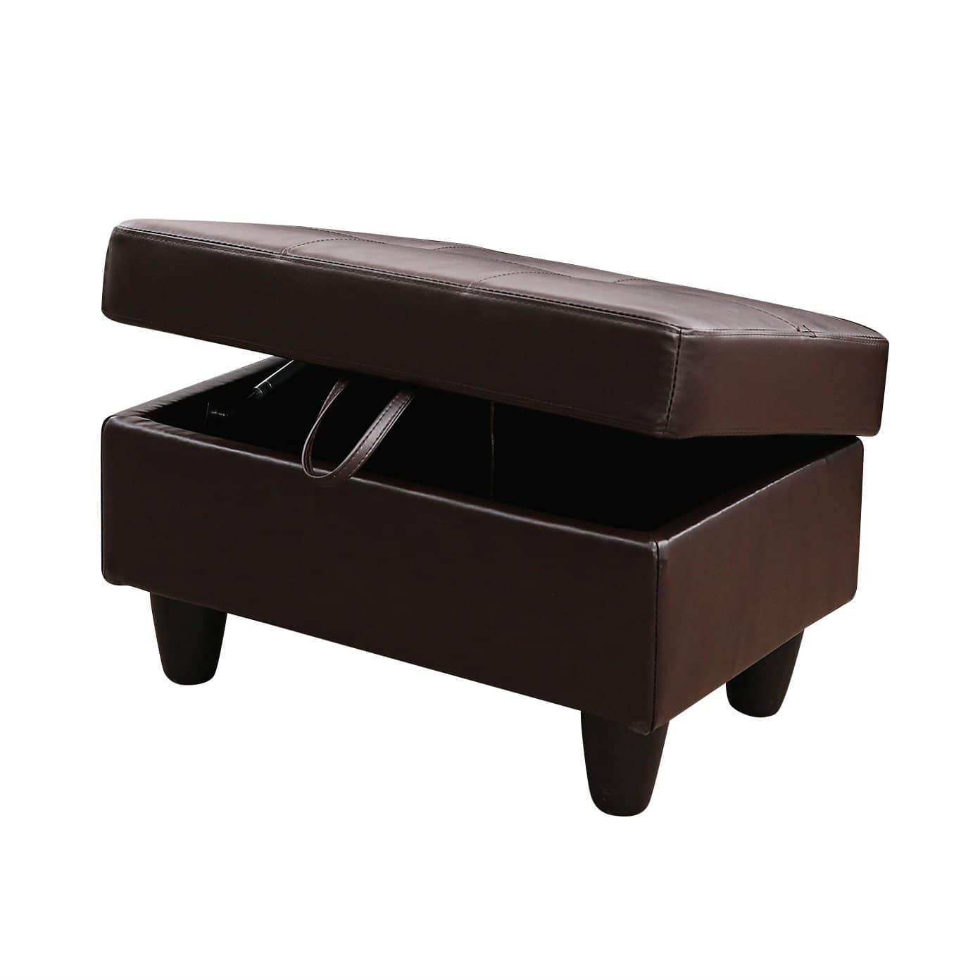 Dark brown faux leather storage ottoman with tufted lid