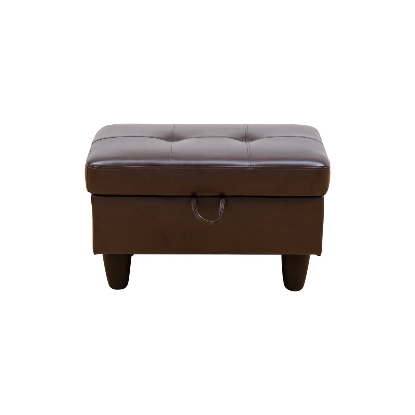 Brown tufted storage ottoman with a Ushaped handle and four tapered legs