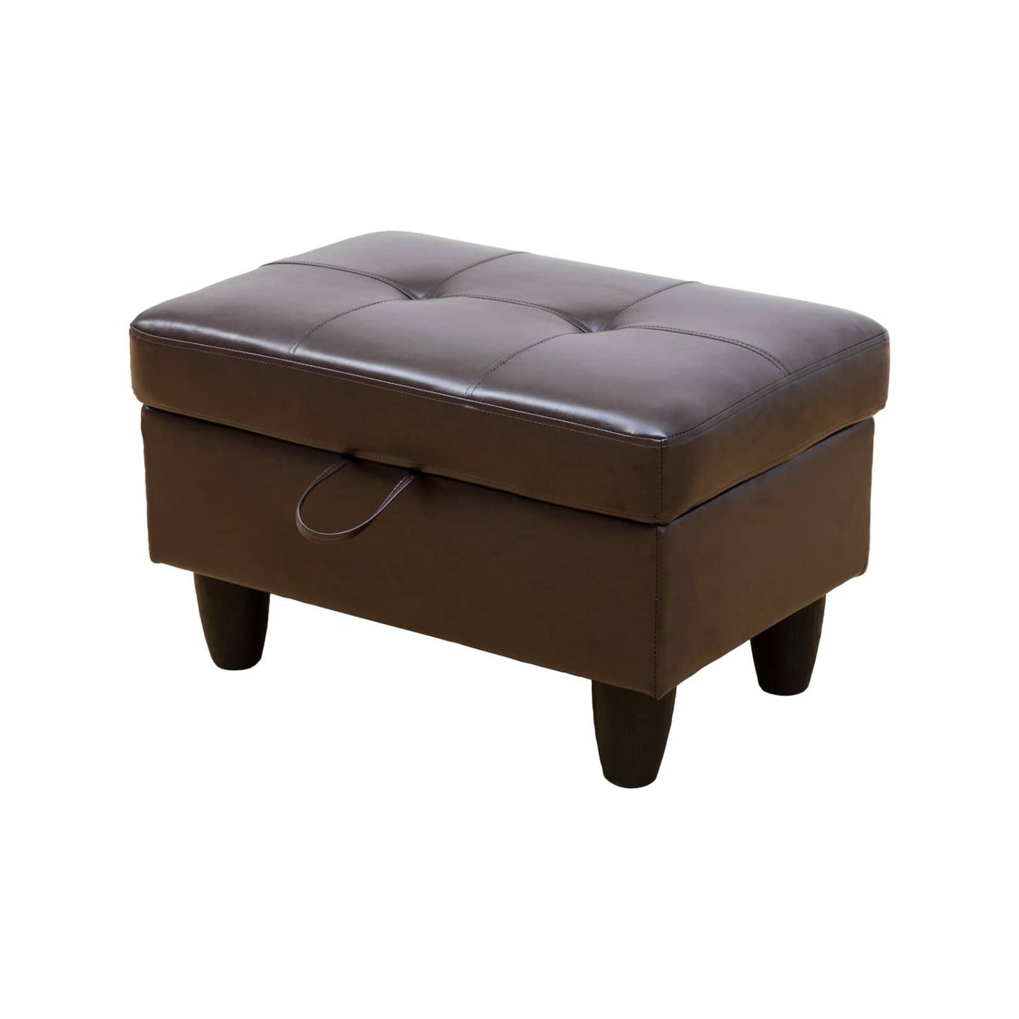 Tufted brown faux leather storage ottoman with sturdy legs