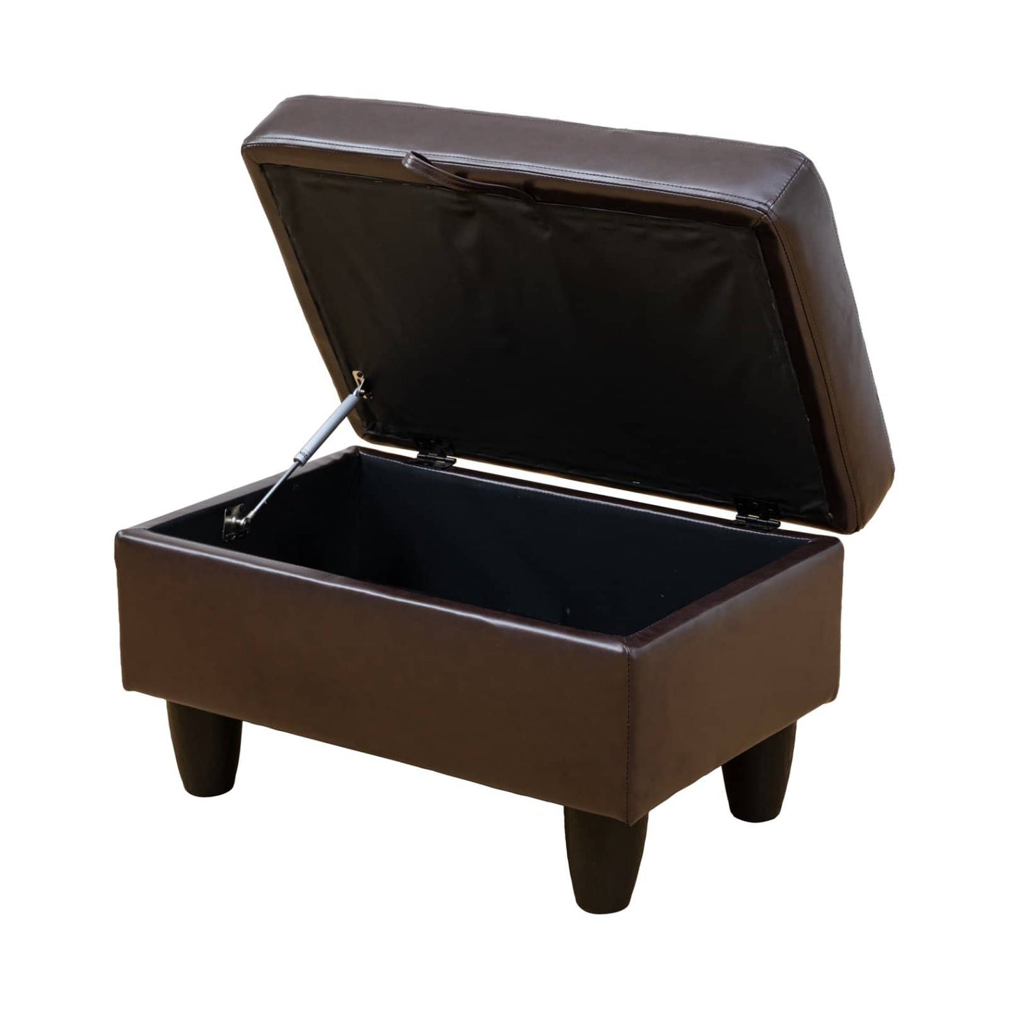 Brown faux leather storage ottoman with open lid and hydraulic lift