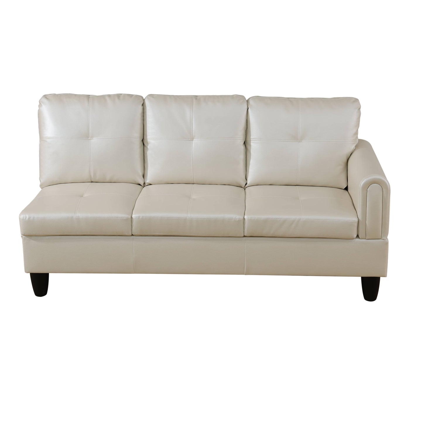 Cream faux leather sectional sofa with tufted cushions and squared arms