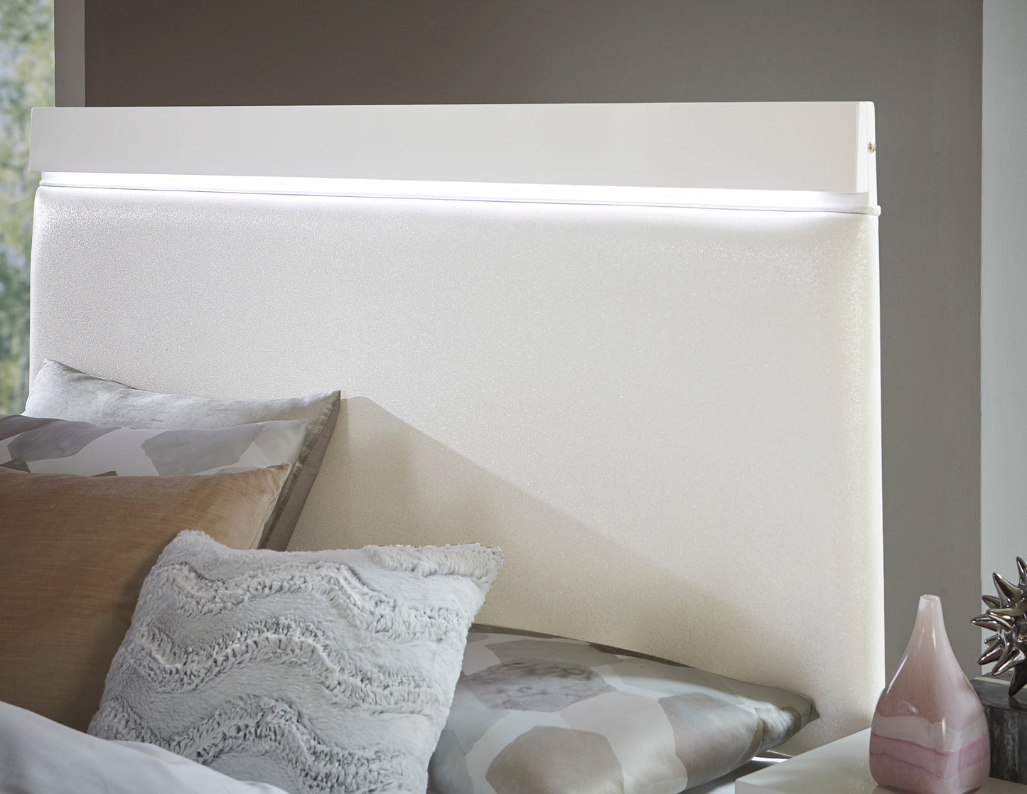 Modern white LED headboard with glittery texture for luxury bedroom design