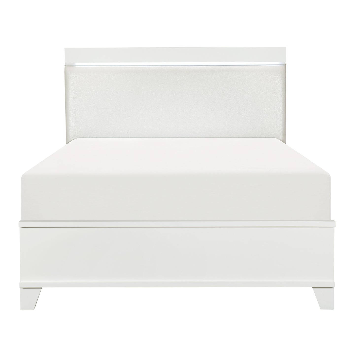 Modern white upholstered bed frame with LED headboard light