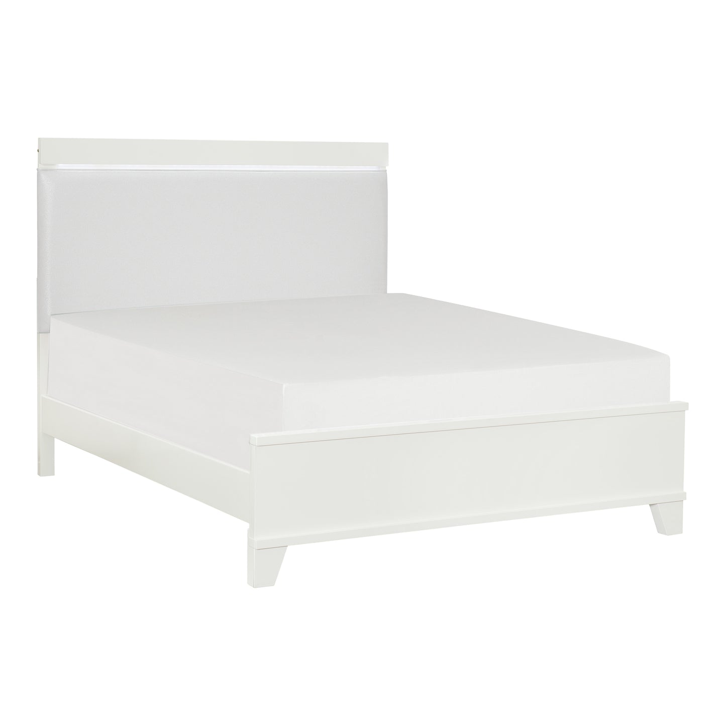 White wooden bed frame with upholstered headboard