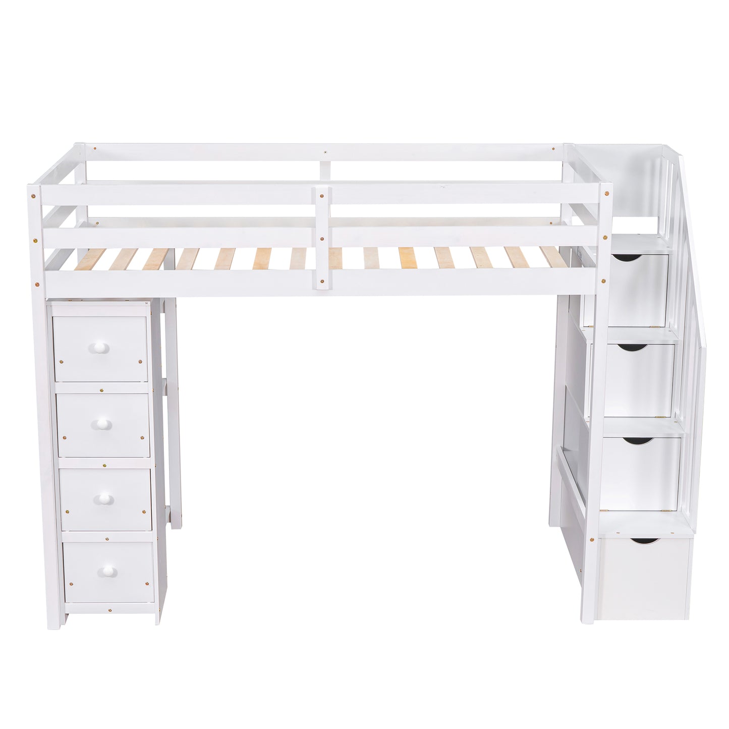 White loft bed with integrated drawers and steps