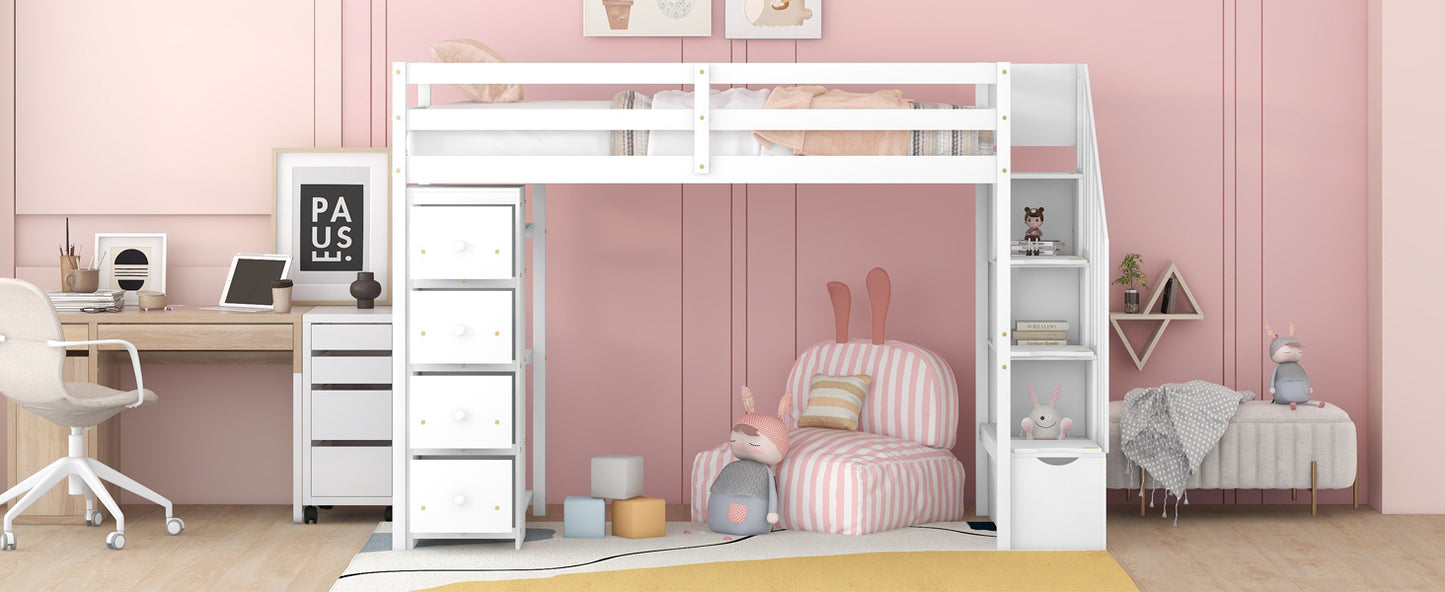White wooden loft bed with stairs featuring integrated storage drawers for a childs room