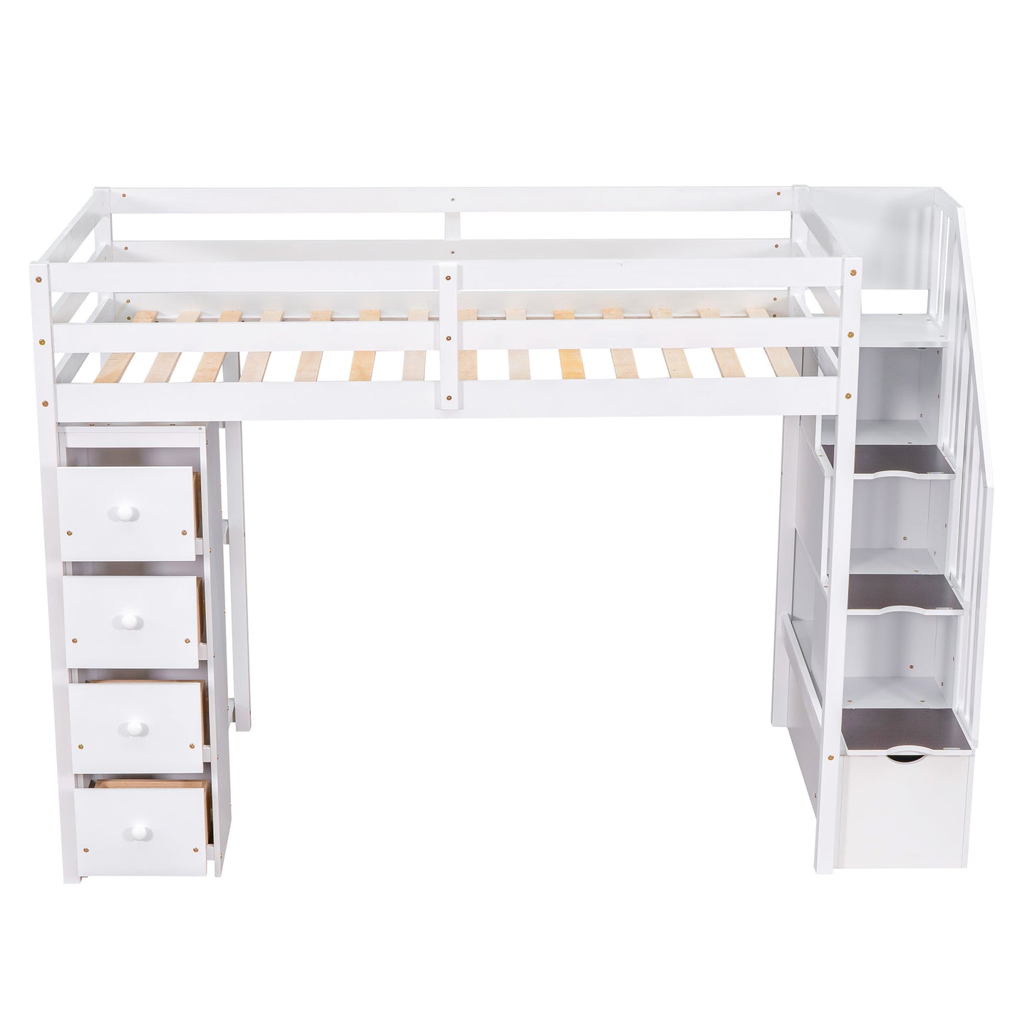 White wooden loft bed with drawers and stairs