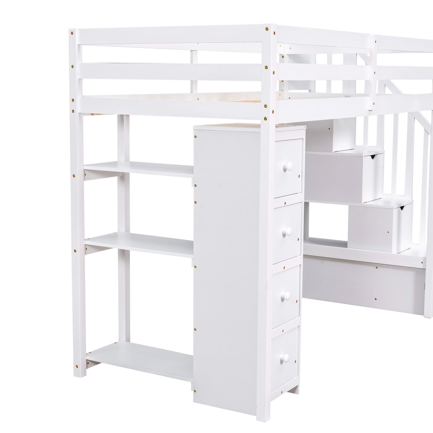 White wooden loft bed with integrated shelves and drawers