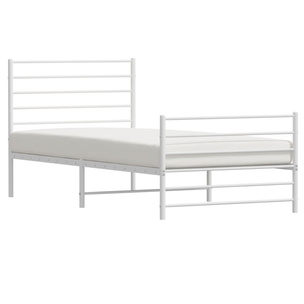 White metal bed frame with horizontal slats and a simple headboard