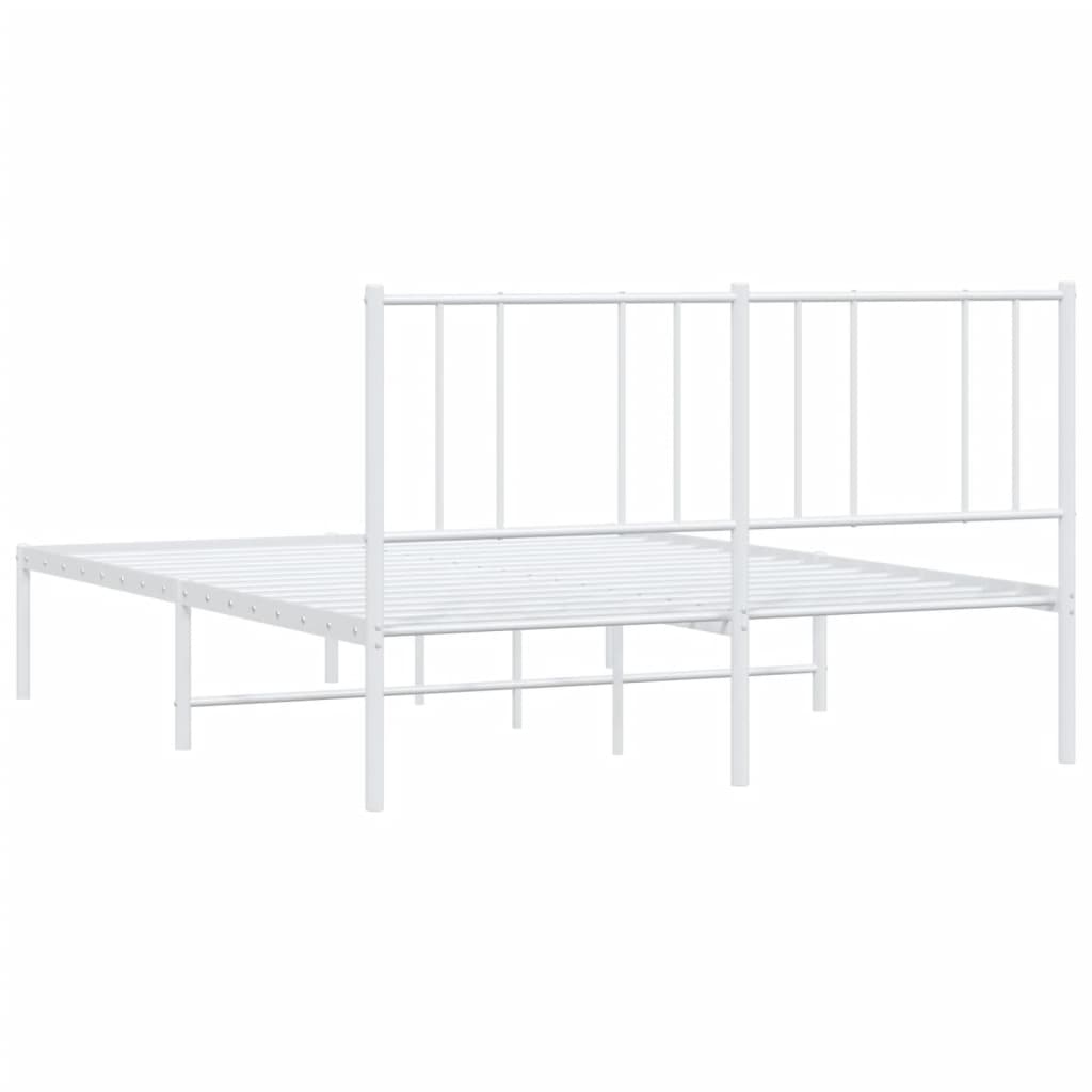White metal bed frame with a slatted base and vertical headboard design