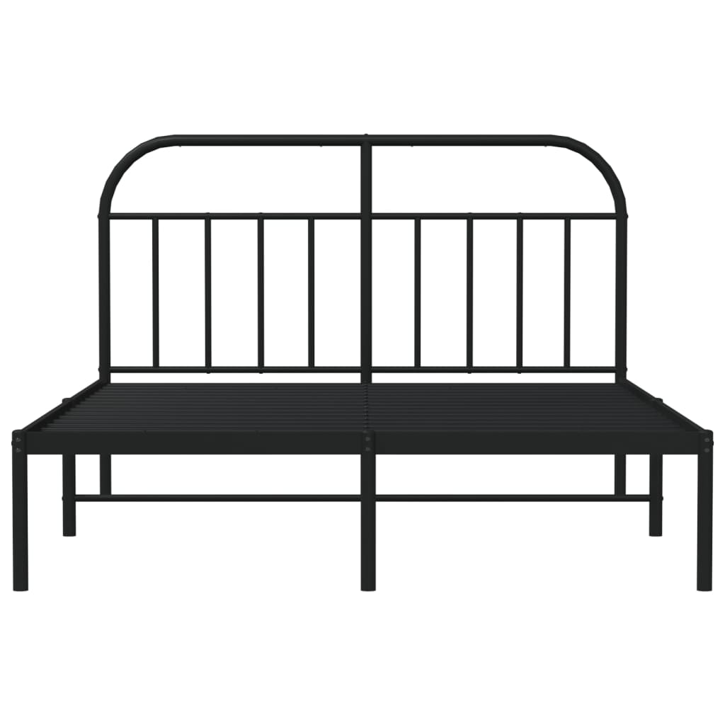 Black metal platform bed frame with arched headboard and mattress