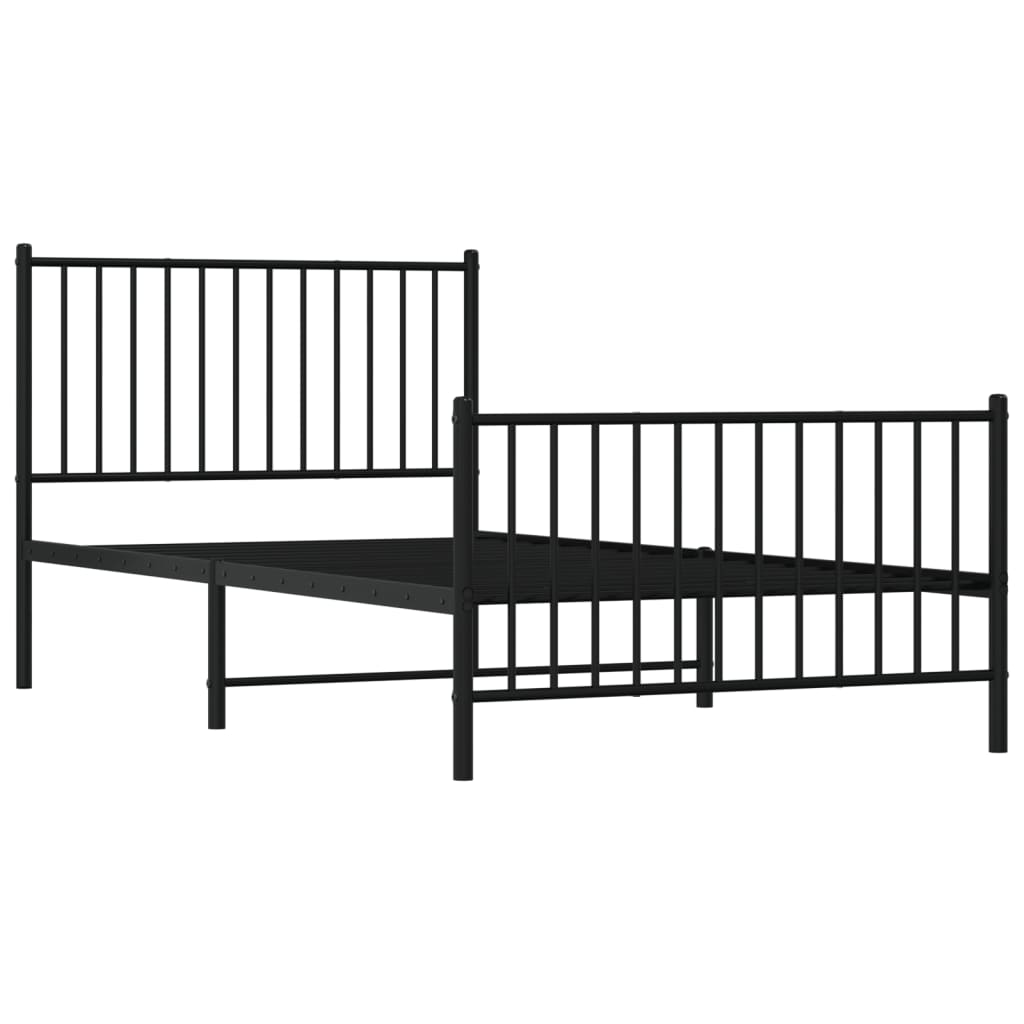 Black metal twin bed frame with a white mattress and slatted headboard and footboard
