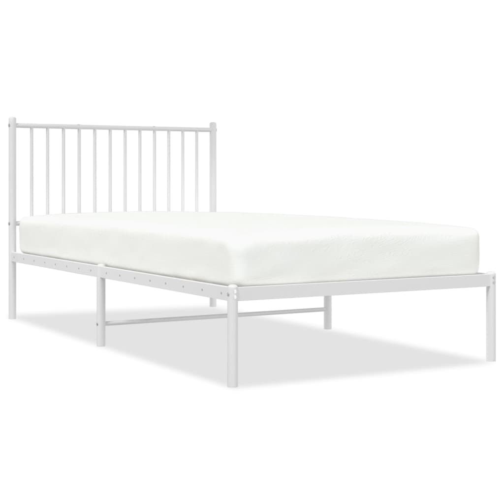 White metal single bed frame with slatted base and vertical slat headboard cm length