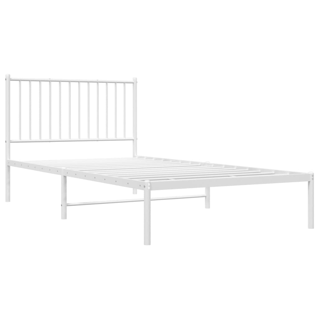 White metal bed frame with slatted headboard and mattress