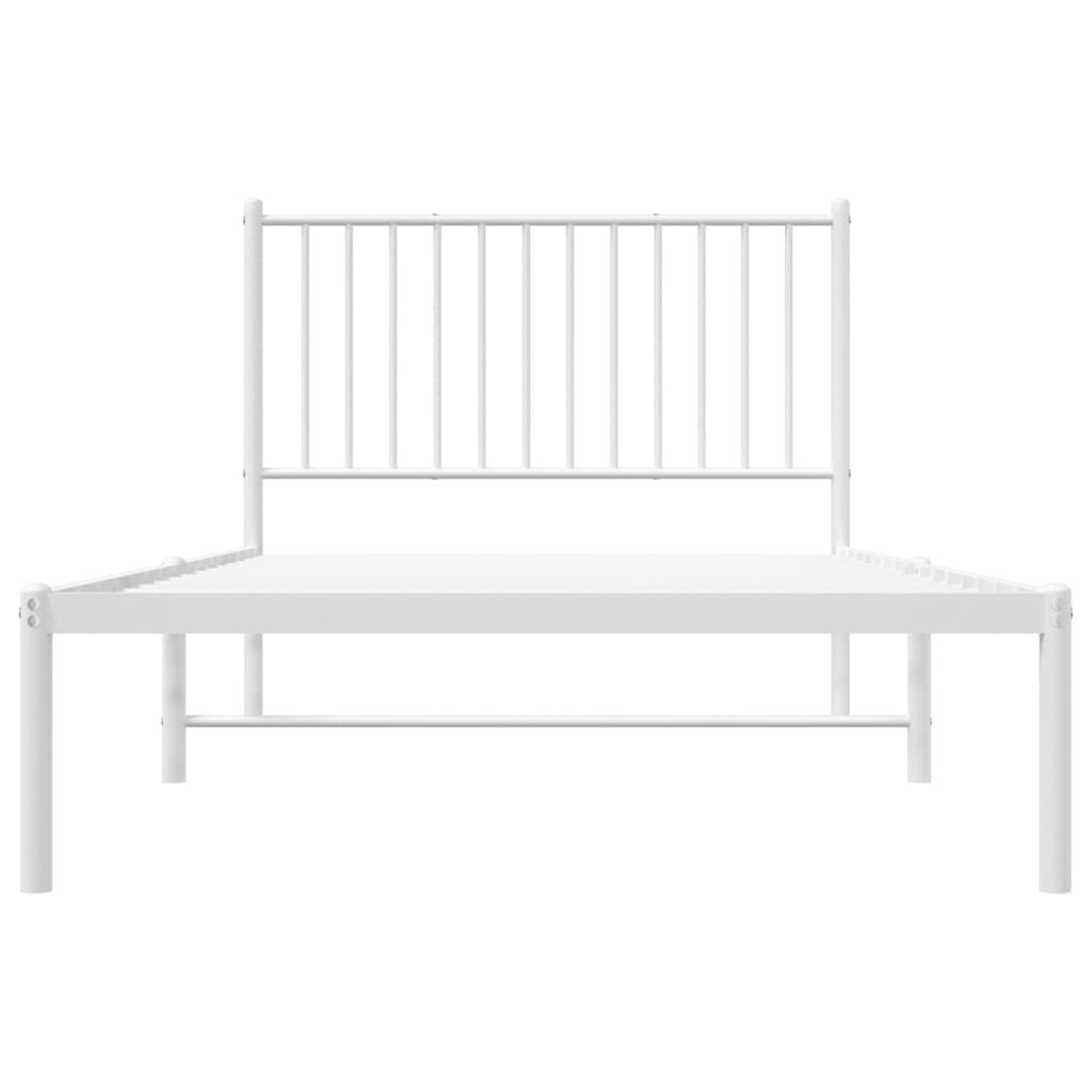 White metal twin bed frame with slatted headboard
