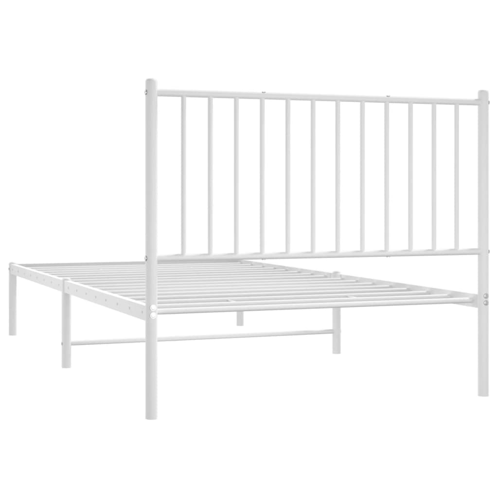 White metal twin bed frame with slatted headboard