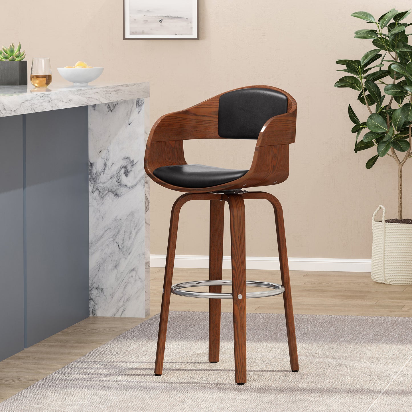 Swiveling bar stool with curved walnut wood shell and black faux leather seat