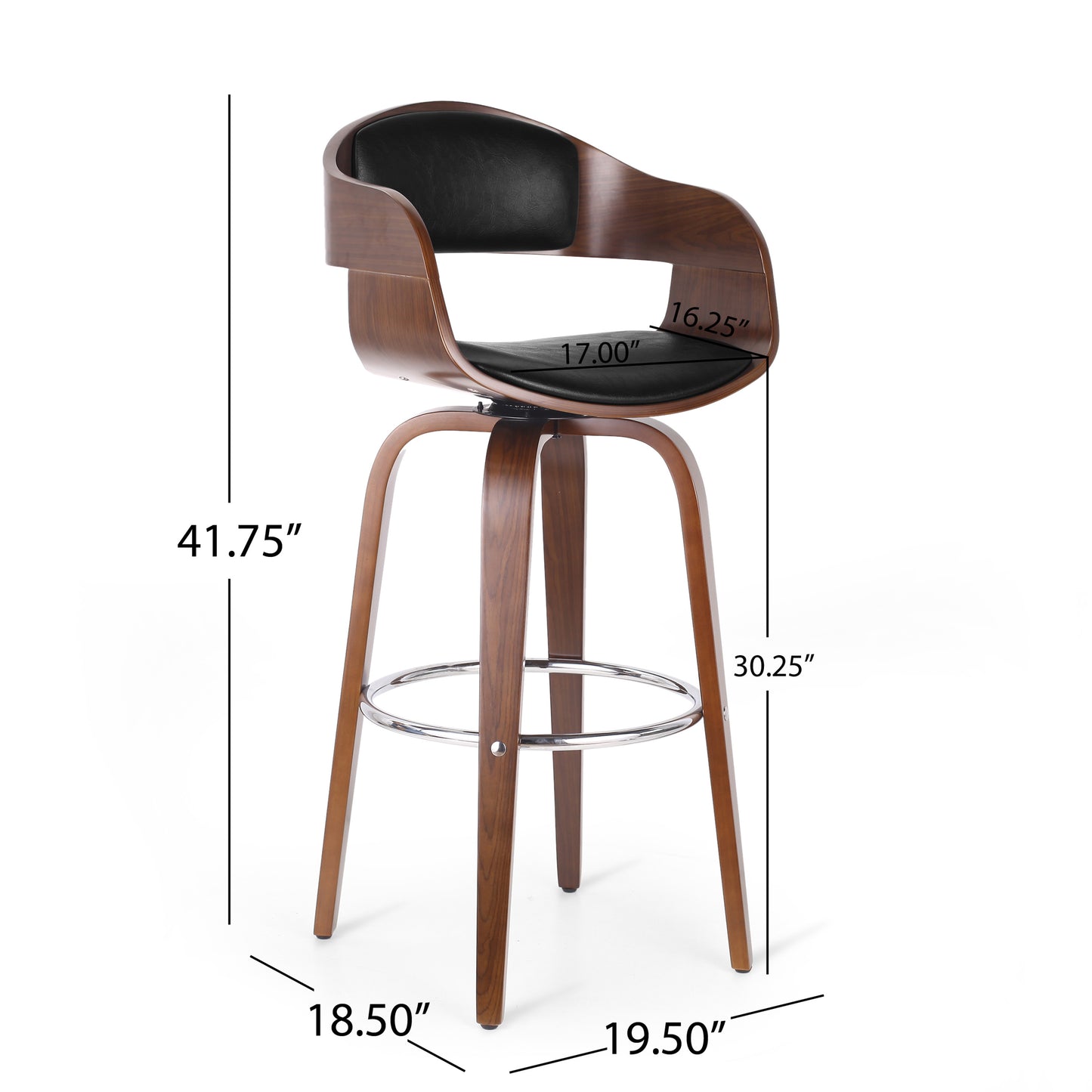 Curved walnut wood bar stool with black leather seat and chrome footrest