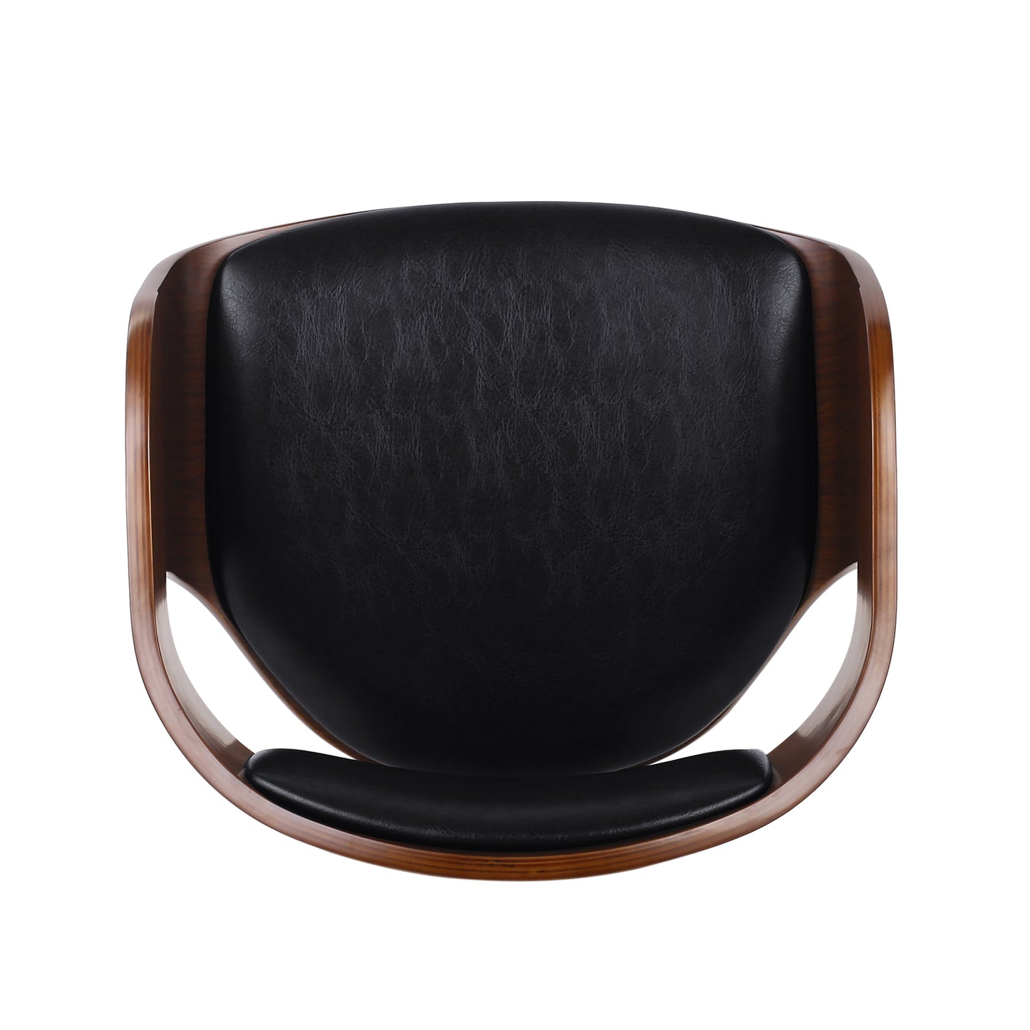 Top view of a black leather dining chair with curved walnut wood frame