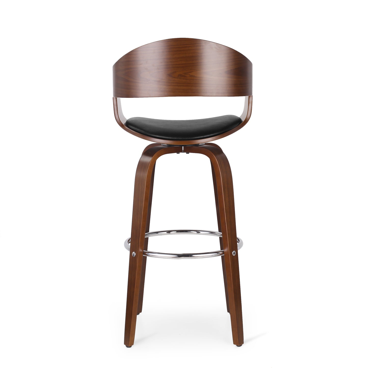 Curved back walnut veneer bar stool with black PU seat and chrome footrest