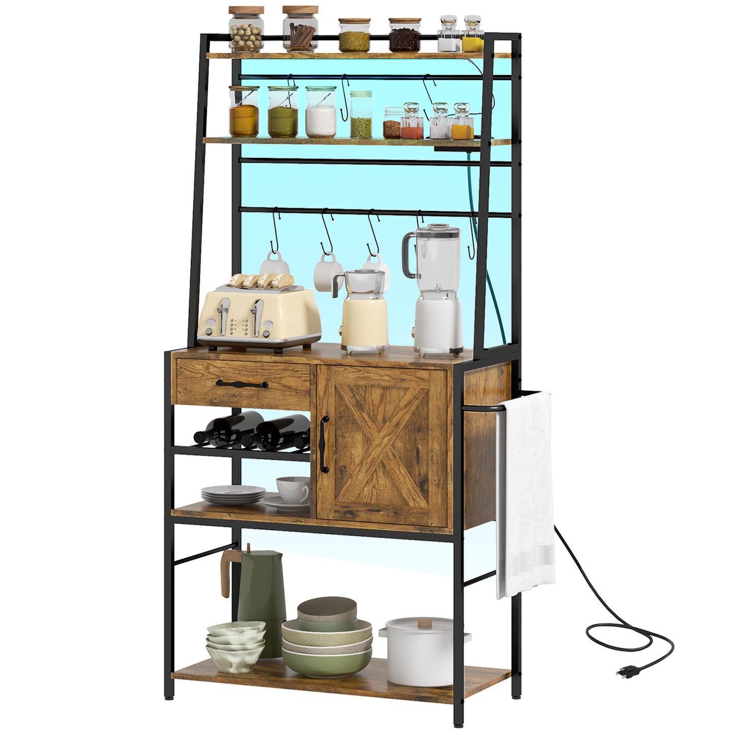 Rustic brown kitchen bakers rack with appliances and pantry jars