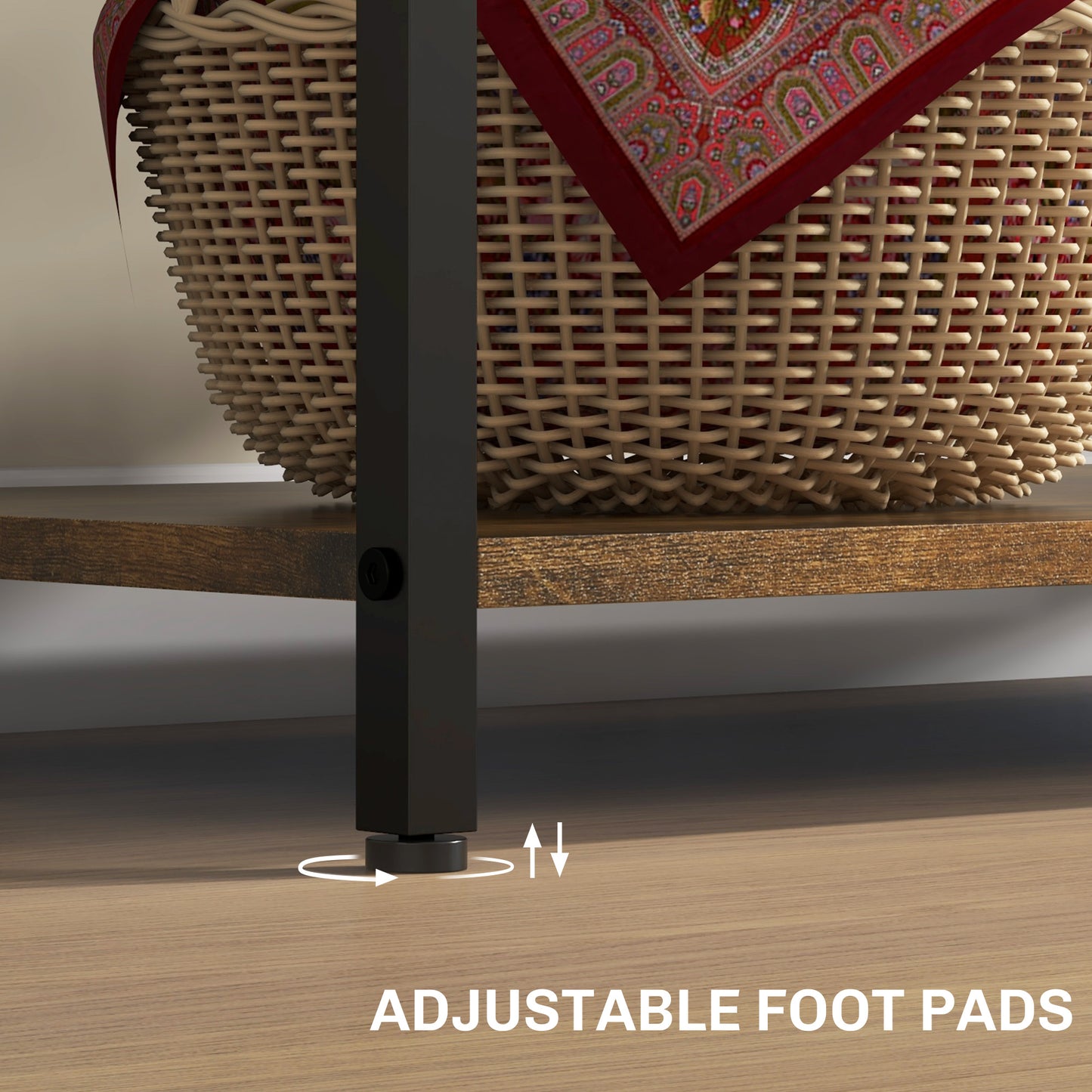 Adjustable foot pads on a metal shelf leg for stability