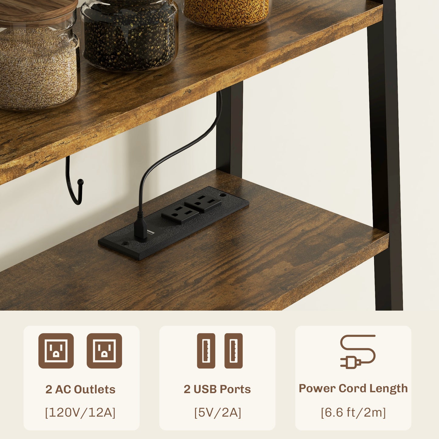 Rustic wood bookshelf with integrated power strip featuring AC outlets and USB ports
