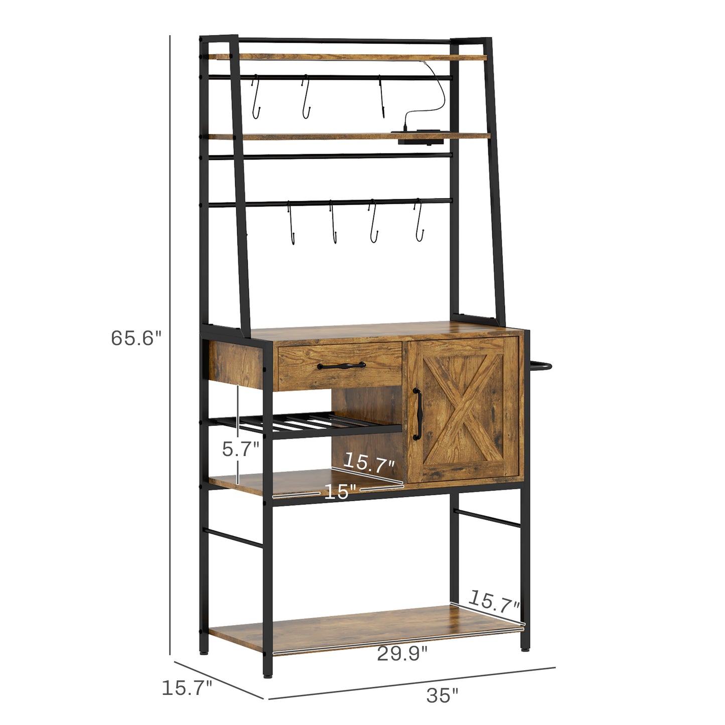 Rustic kitchen bakers rack with wood shelves and metal frame hooks