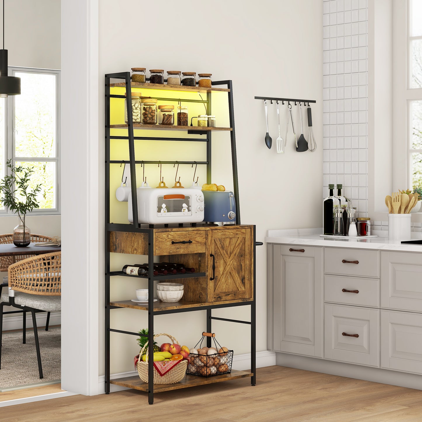 Industrial kitchen bakers rack with wooden shelves and metal frame