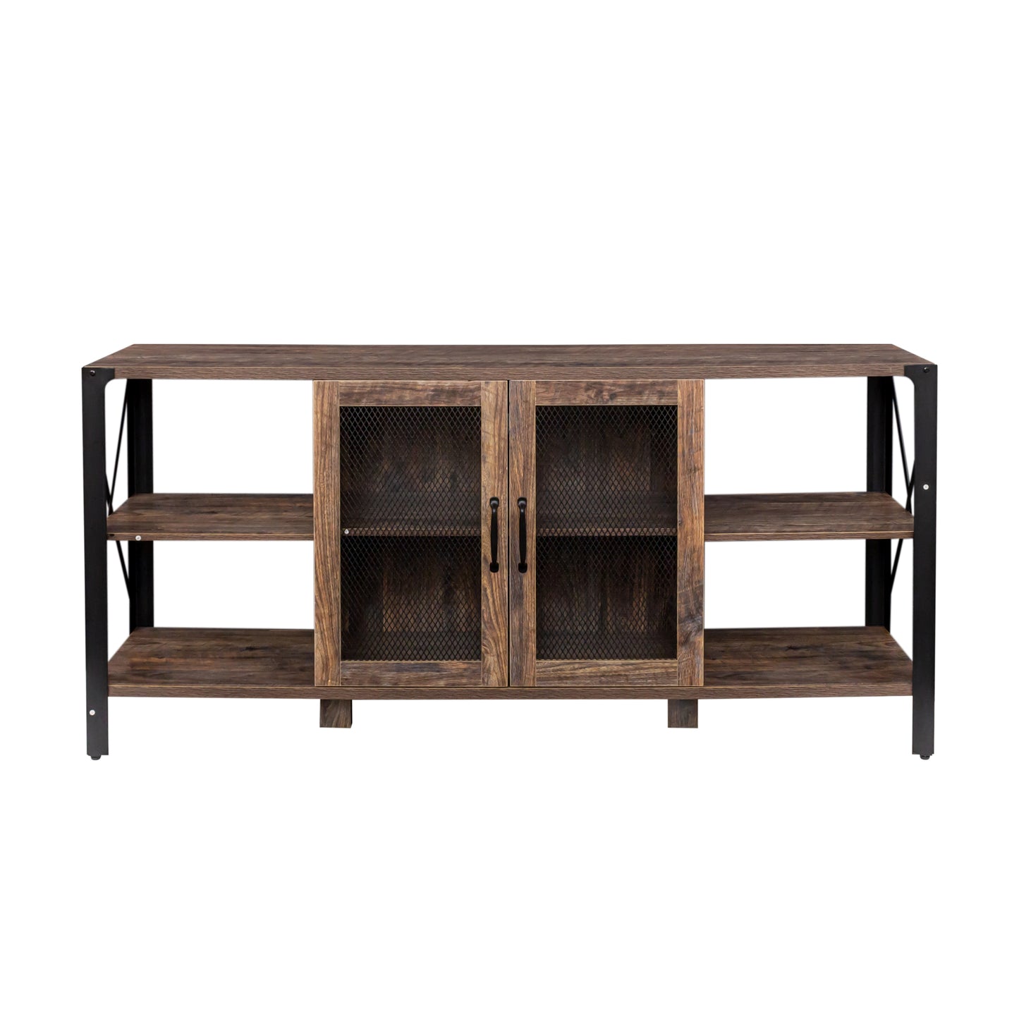 Rustic wood media console with metal frame and two mesh cabinet doors