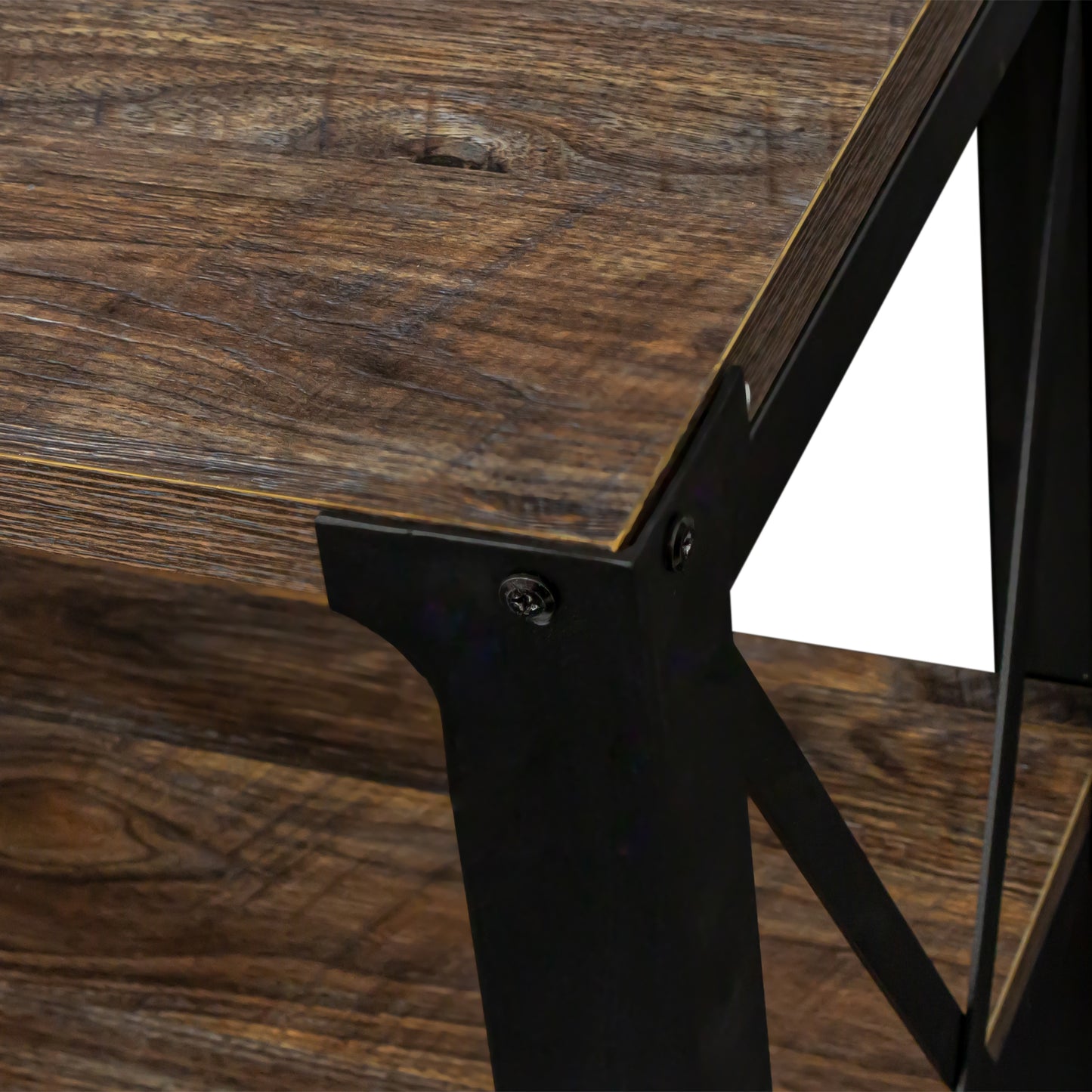 Rustic wood shelf with black metal frame accents