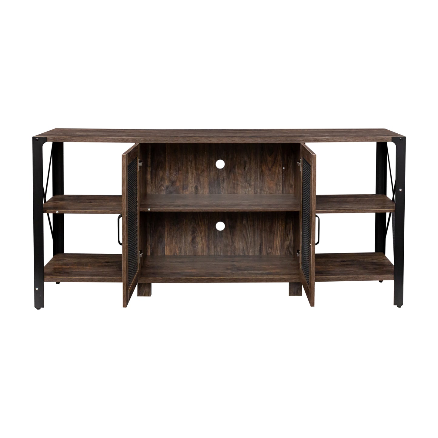 Industrial style tv stand with dark wood finish and metal accents