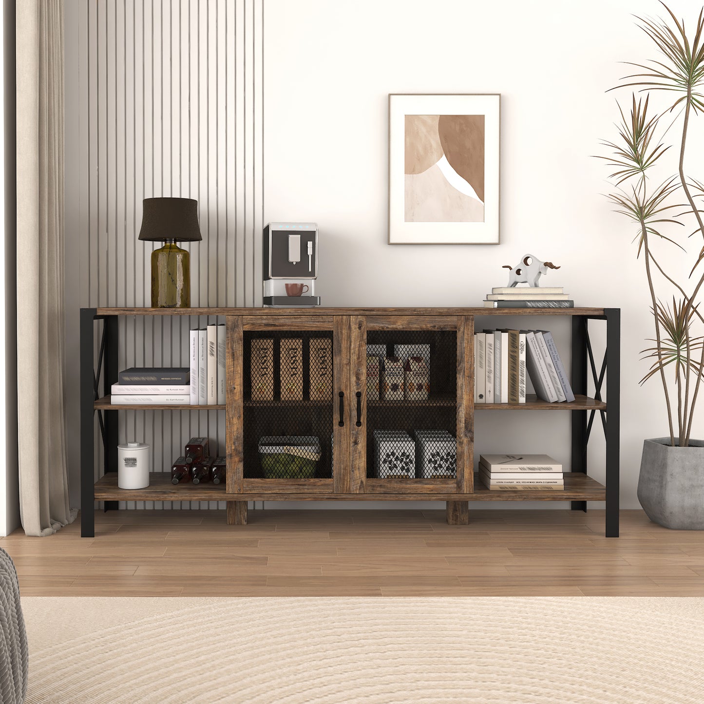 Rustic wood and metal console table with mesh cabinet doors and open shelves