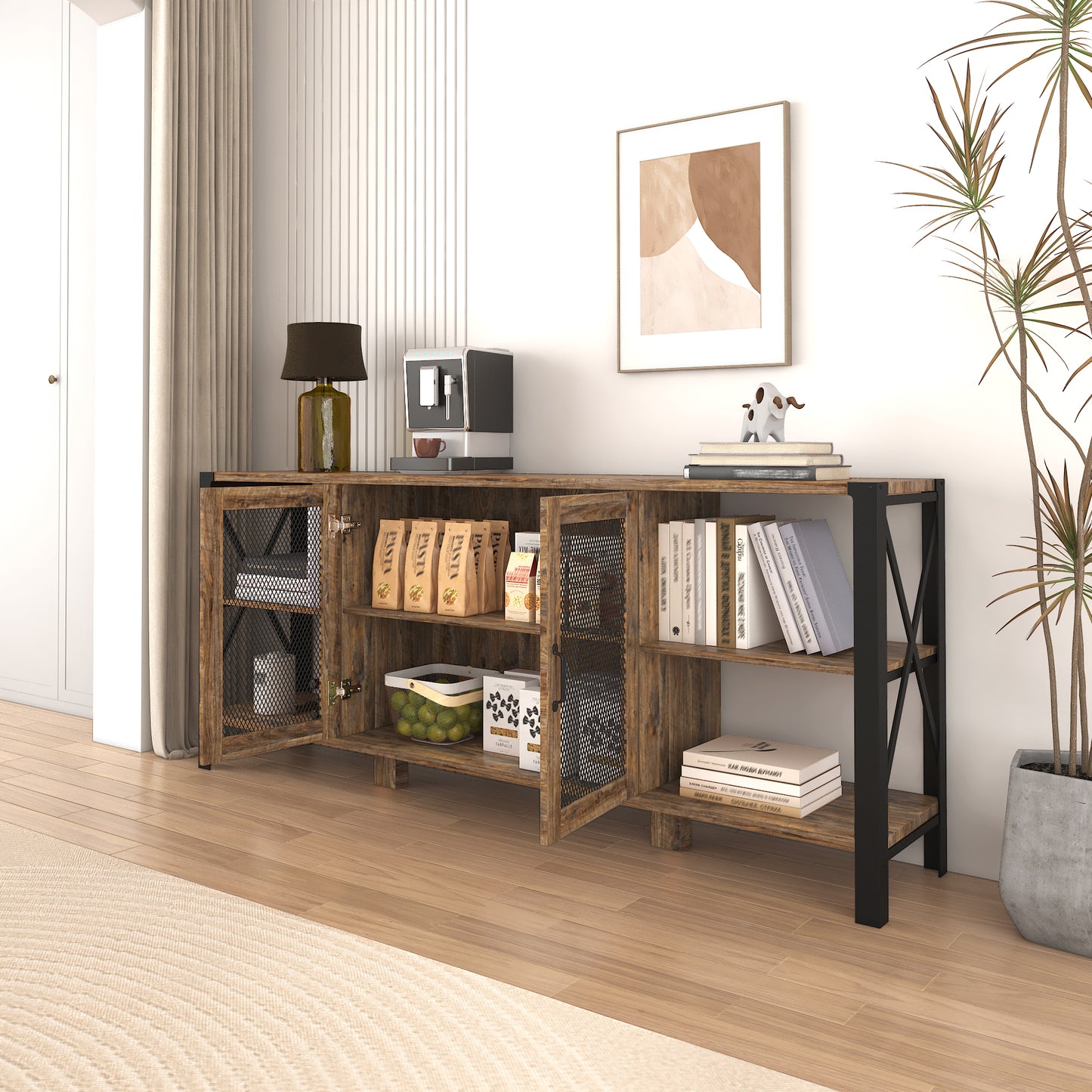 Rustic wood sideboard with mesh doors storing pasta and produce