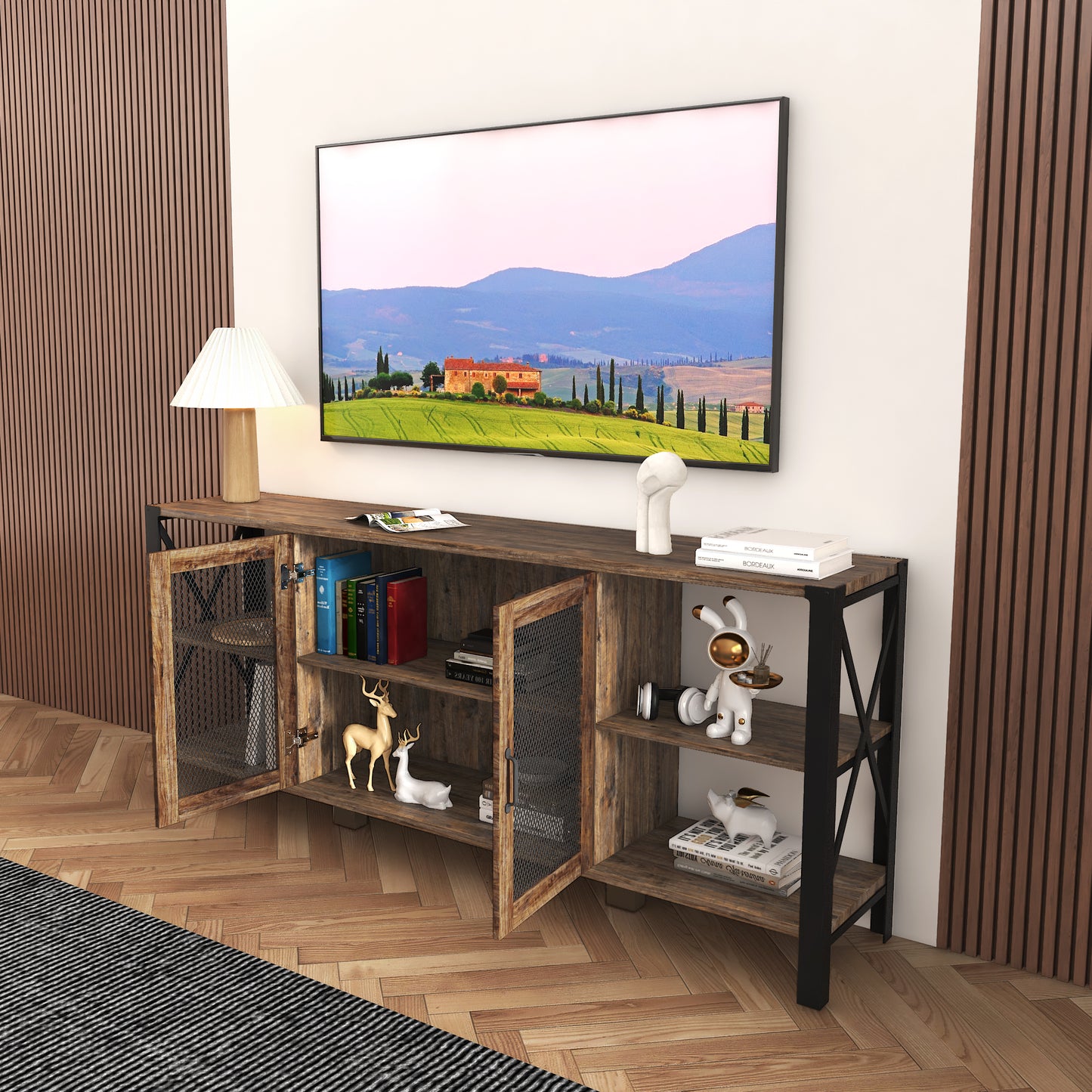 Rustic wood media console with mesh cabinet doors and ample shelving
