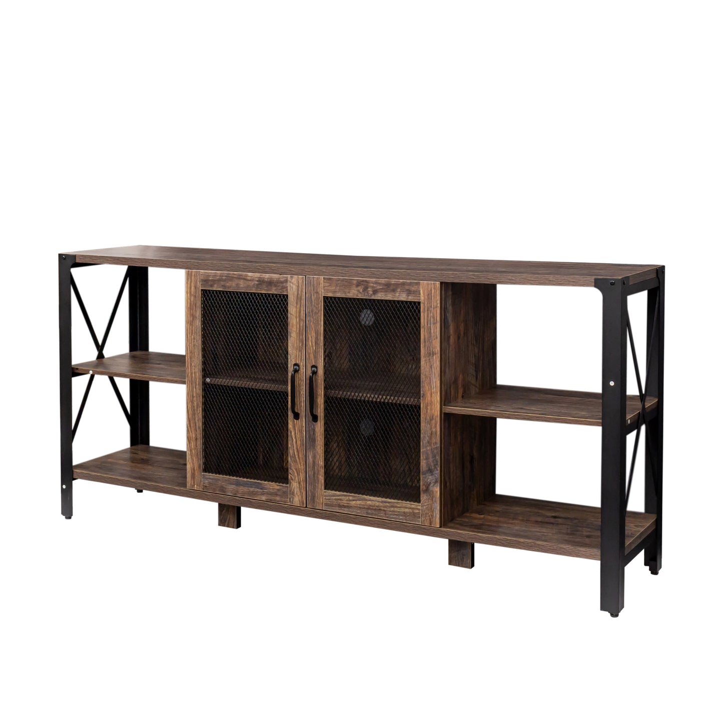 Rustic brown wood TV stand with black metal frame and mesh cabinet doors