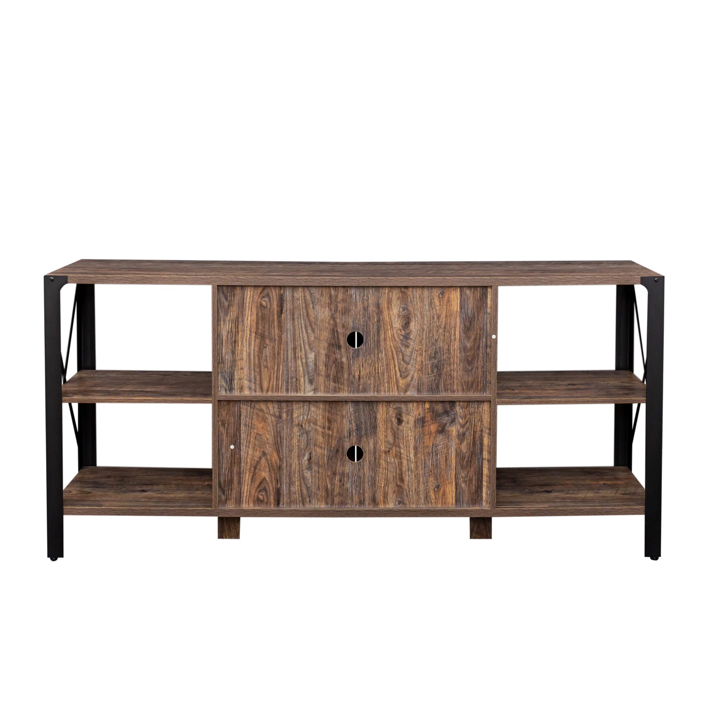 Rustic brown wood TV stand with black metal frame and two drawers