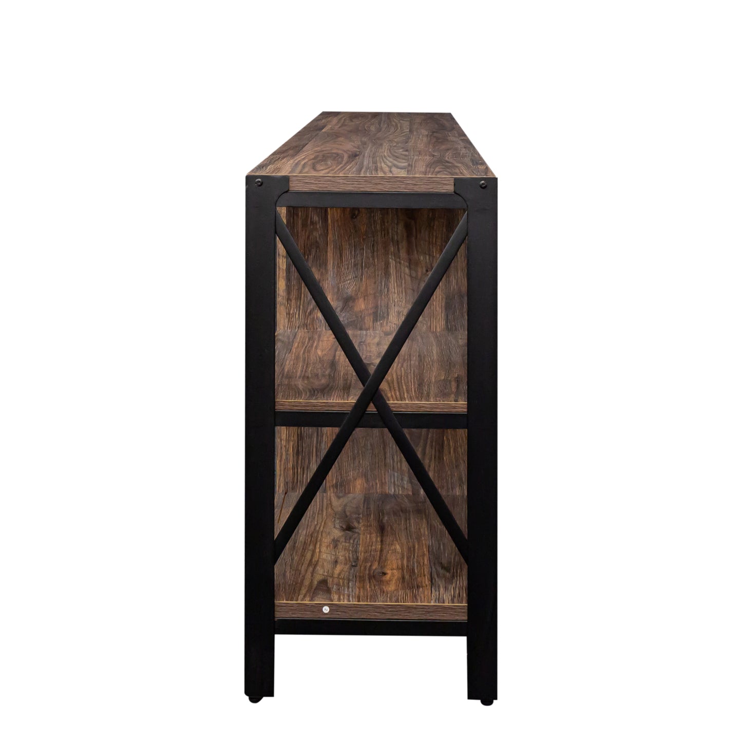 Rustic wood console table with black metal frame and crisscross support