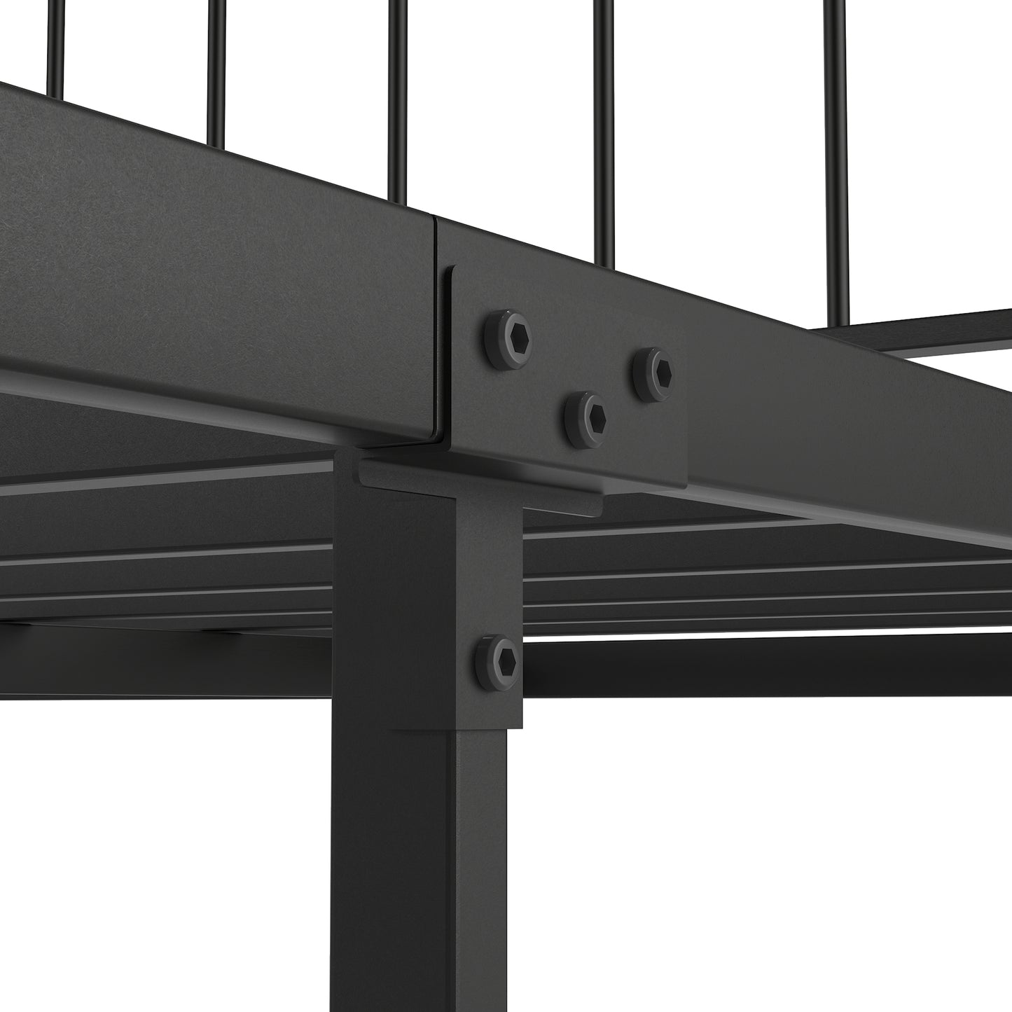 Black metal bed frame joint detail with hex bolts