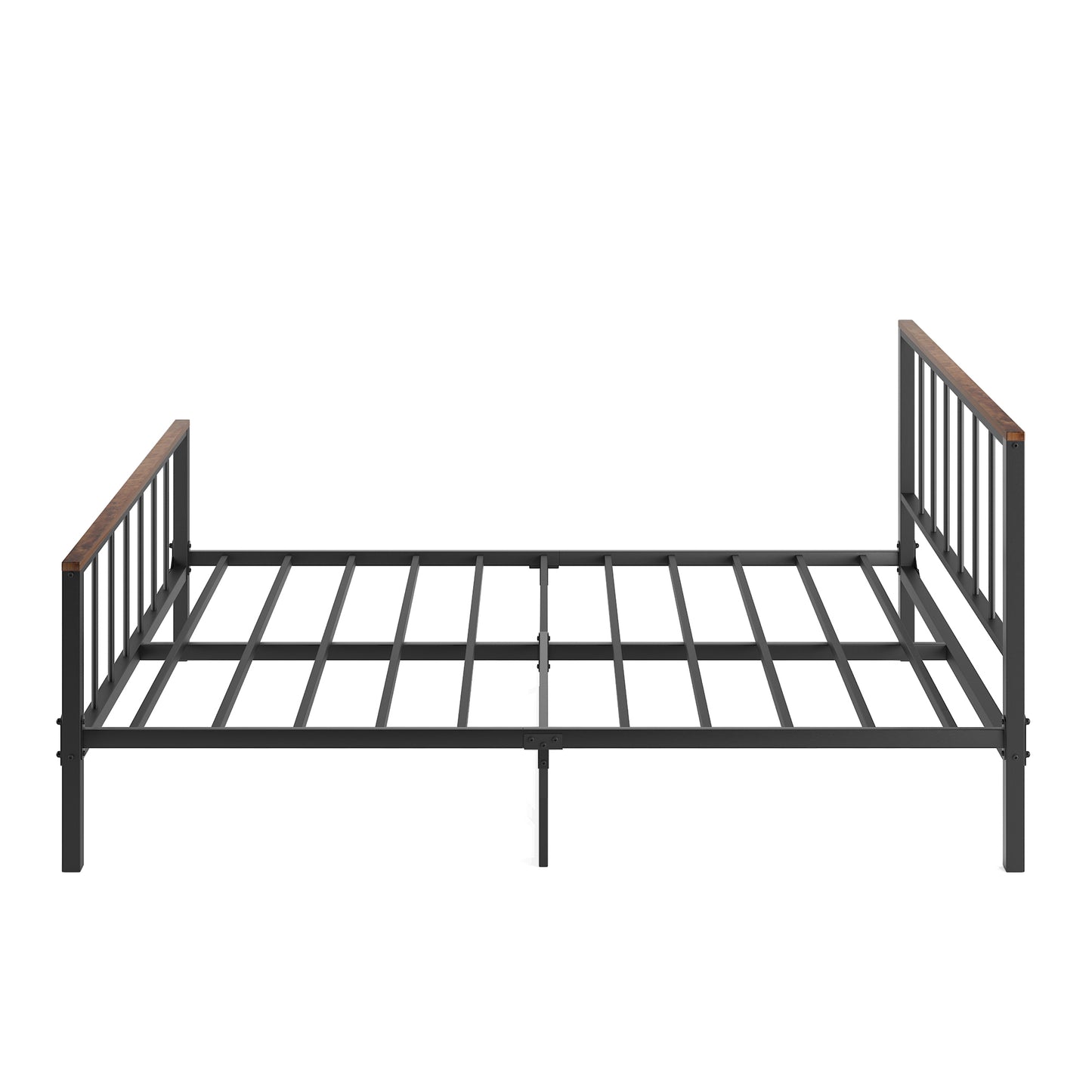 Black metal bed frame with wooden headboard and footboard accents