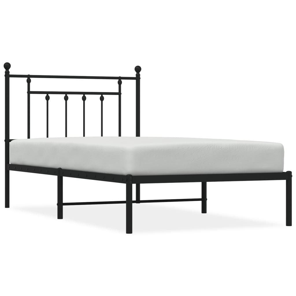 Diagram of a white metal bed frame with dimensions indicated