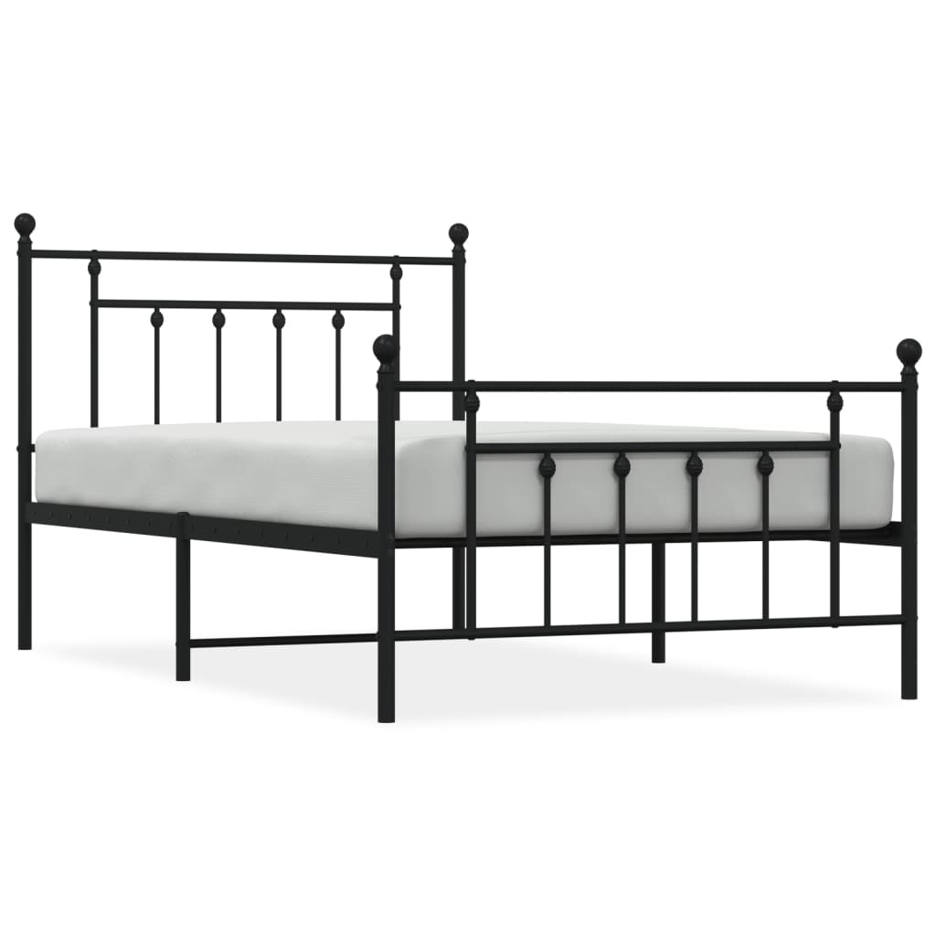 White metal bed frame with ornate detailing and side rails including dimensions