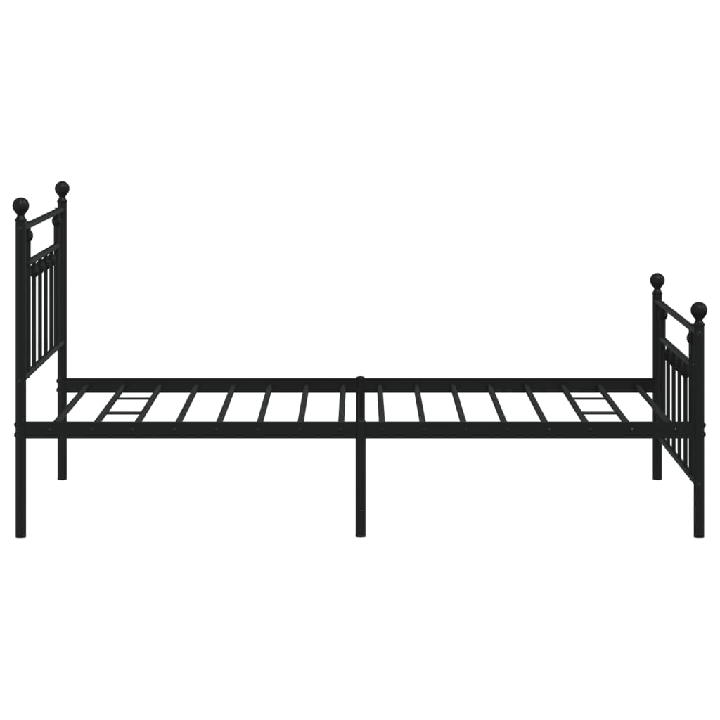 Black metal queen bed frame with ornate finials